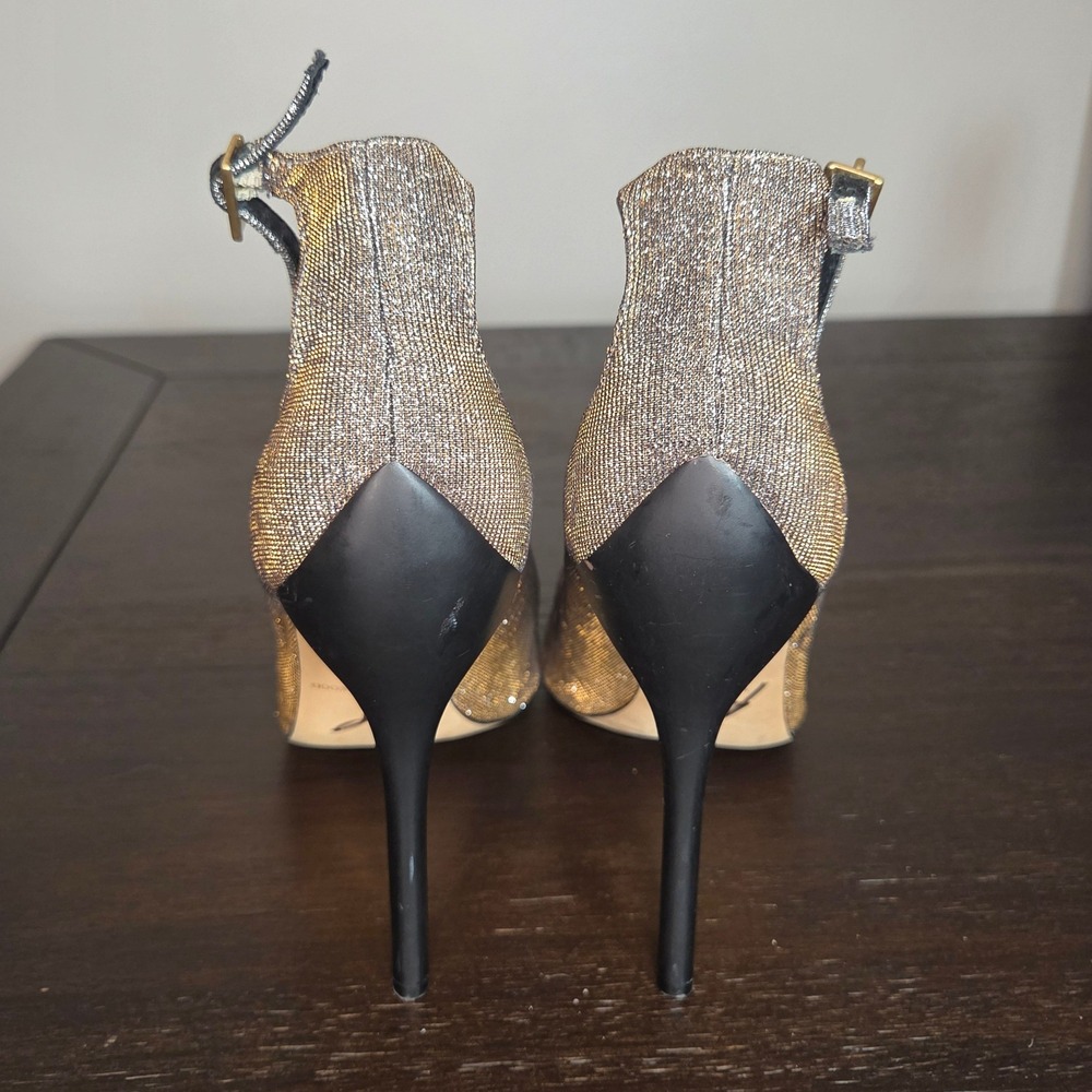 B Brian Atwood Glitter Metallic Stiletto Sandals 10 Peep Toe Evening Heels - Picture 3 of 11